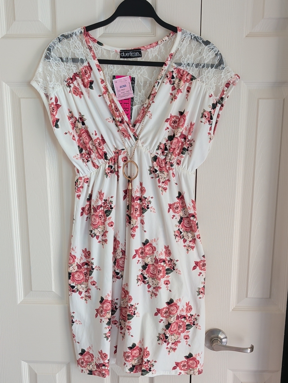 Due Time Maternity White Dress with Pink Rose Print and Gold Ring Necklace